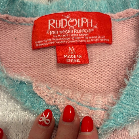 Pink and Blue Kids Sweater with Rudolph the Red nose reindeer girls size 8 - Picture 5 of 6